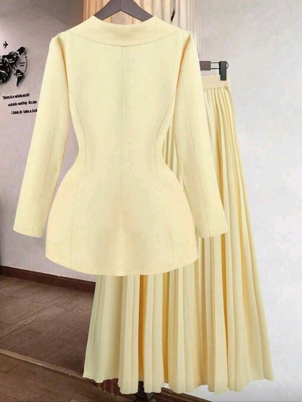 Women's Gold Button Decor Blazer + Pleated Skirt Elegant Everyday Commute - Picture 2 of 4